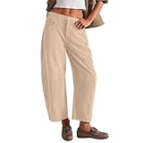 Lässige Damenhose aus Baumwolle und Leinen, einfarbig, mit weitem Bein – Leinenhose für Damen, elastische Taille, Hose mit zwei Taschen, Hose, weites Bein, Haremshose, Herbst, gerippt, beige, Large