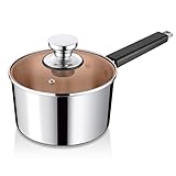 TEAMFAR Kasserolle 18cm, 3-Lagen Edelstahl Stielkasserolle Kochtopf Induktion 2,8L mit Glasdeckel, Hochglanzpoliert Milchtopf mit Hitzebeständigem Griff für alle Herdarten geeignet, Spülmaschinenfest