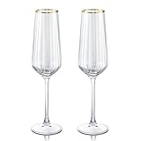 Joeyan 270ml Gerippte Sektgläser aus Kristallglas, 2er Set Gold Rimmed Champagner Gläser, Handgefertigte Sektflöten, Modern Ästhetik Sektkelche, Geschenke für Hochzeitstag Jahrestag Geburtstag Party