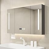 Badezimmerschrank mit LED-Lichtern, Holz-Spiegelschrank, Wandmontage, intelligenter Anti-Beschlag-Bildschirm, Touch-Steuerung, 3 Töne Schminktischspiegel mit Ablage