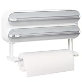 Quasziwa Wandrollenhalter Küche 3-Fach Folienschneider - Magnetischer Alufolienabroller mit Langlebig Scharf Klingen - Verbessert Folienspender, Frischhaltefolie Schneider mit Küchenrollenhalter, Weiß
