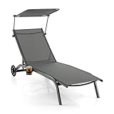 GIANTEX Sonnenliege, Gartenliege mit Rollen & Getränkehalter, Liegestuhl mit 6-Fach Verstellbarer Rückenlehne, belastbar bis 150kg, 191 x 61 cm (mit Sonnendach, Grau)