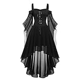 Mittelalter Kleider Damen Halloween Kleid Damen Mittelalter Kleidung Renaissance Partykleid Gothic Kleider Fledermausärmel Schulterfrei Vintage Schwarz Hexenkleid Vampir Verbandkleid für Cosplay