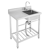 Einschalen KüChenspüLe UnabhäNgig SpüLbecken, 201 Edelstahl Freistehende SpüLe mit 360° Wasserhahn, Handtuchhalter, AblagefläChe, Spritzschutz, 100kg Tragkraft, für KüChe, Bar, Restaurant, Silber