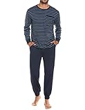 Sykooria Herren Schlafanzug lang mit Bündchen aus Baumwolle Zweiteiliger Pyjama Herren lang, Langarm Shirt & Schlafanzughose, Blau 3XL