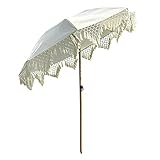 2m Boho Strandschirm mit Fransen Garten Windbeständig Sonnenschirme Balkonschirm, UV Schutz Knickbar Rund Sonnenschirm mit Tasche, Kippmechanismus
