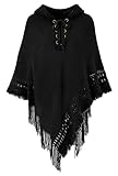 Rayson Poncho Damen Elegant Warm Winter mit Kapuze Solid Color Strick Ponchos Capes für Damen mit Fringes Poncho Schal Damen Gestrickt Verstellbarer Kragen(Schwarz,One Size)