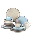 vancasso Navia Keramik-Geschirr-Set, 16-teilig, 4-teiliges Set, Steingut, Sprühpunkt, gemustert, Serviceschale mit Speisetellern, Salattellern, Schüsseln, Tassen – Mehrfarbig