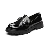Vera Creation Damen Chunky Plateau Loafer mit Kette oder Schnalle Lackleder Casual Business Arbeitsschuhe Komfort Slip-on, Schwarze Schnalle, 38 EU