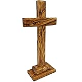 Lunexus Olivenholz Standkreuz 18,5 cm - Handgefertigt in Bethlehem - Gesegnet mit Weihezertifikat - Christliches Tischkreuz mit Standfuß - Geschenk zur Taufe, Kommunion, Firmung - Deko Holzkreuz