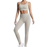 dohomiryo Damen Sportanzüge Jogginganzug Sport Sets 2 Teilig Workout Outfit Set Sport Crop Top+Hohe Taille Yoga Leggings Yoga Outfit Freizeitanzug Sportswear Khaki L