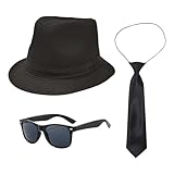 UILYNIU 3 Stück Mafia Gatsby Gangster Kostüm Herren 1920s Jahre Herren Accessoires Hut Gläser Krawatte, Panama Gangster Hut Erwachsene Kostüm fur Halloween Karneval Kostümparty