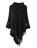 Ferand Damen Poncho mit Kapuze und gehäkeltem Cape mit Fransensaum für Herbst Winter - One Size - Schwarz