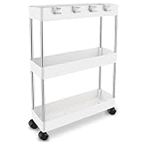 Zosenyer Servierwagen mit Rollen, Rollwagen aus Kunststoff 360° Drehbare, Schmal Küchenwagen mit 3 Ebenen für Küche, Büro, Wohnzimmer, Badezimmer Trolley Weiß
