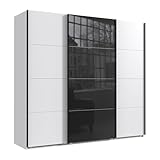 Geräumiger Schwebetürenschrank Kleiderschrank 3-türig B225/H208/T64 cm in Weiß, mittlere Tür mit Glasfront in Schwarz, inkl. einer Kleiderstange, 4 Einlegeböden und 2 Stoffboxen / 22522