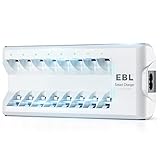 EBL Akku Ladegerät AA AAA Ladegerät für 1,2V Mignon AA, Micro AAA, NI-MH NI-Cd wiederaufladbar Batterien 8-Ladeplatz mit LED Anzeige, EBL C9042W