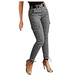Cargohose Damen High Waist Cargo Pants Skinny Fit Arbeitshose Stretch Cargo Leggings Hose Mit Taschen Skinny Hosen Gummibund Seitentaschen Mädchen Sportleggins Cargo Motorradhose Biker Pants S-Xxl