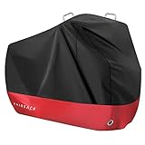 Abdeckplane Fahrrad Wasserdicht, Fahrradabdeckung 210D Premium-Stoff, Fahrradgarage Schutz vor Staub Regen Schnee UV, Schutzhülle mit Schlosslöcher & Beutel für alle Fahrradtypen, Schwarz & Rot