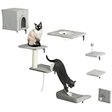 PwaHut Kletterwand Katzen 7-teilig Katzen Kletterwand Set mit Katzenhaus, Plattform, Kratzbaum mit Hängeball, Plüsch-Wandkratzbaum, Katzenmöbel für Katzen bis zu 5 kg, Grau