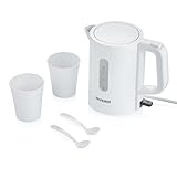 SEVERIN Reise-Wasserkocher-Set, Reisewasserkocher für 0,5 l mit umschaltbarer Spannung (115/230 V), elektrischer Wasserkocher mit 2 Kunststofftassen und 2 Löffeln, weiß, WK 3462