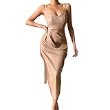 Generisch Midi Kleider Für Damen Atemberaubendes Glitzer Damenkleid Mit Deep V Ausschnitt Für Verführerischen Nightclub Auftritt Elegante Abendmode Damen Sommerkleider (Rose Gold, M)
