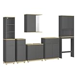 Vicco Badmöbel-Set Anthrazit/Eiche Livia, bestehend aus Badspiegelschrank, Waschbeckenunterschrank, Midischrank x2, Hochschrank, Toilettenschrank - Viel Stauraum Oben und unten