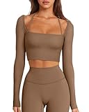 LASLULU Sexy Damen-Oberteil mit quadratischem Ausschnitt, gerippt, nahtlos, langärmelig, Workout-Top, Neckholder, athletisches Yoga-Top, Braun, Small