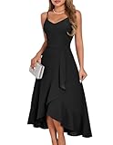 DRESSTELLS Schwarzes Kleid Damen Elegant Cocktailkleid Festlich Träger Hochtief Kleider für Hochzeit Knielang Rüschensaum Sommerkleid Vintage Curvy Partykleid Black L