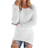 Fleece-Sweatshirts für Damen, locker, flauschiger, flauschiger Pullover, gemütlich, warm, Sweatshirts, weich, bequem, Rundhalsausschnitt, Tunika, Tops, einfarbig, lässiger, bequemer Pullover, weiß, L