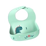 SGERUFZ 1 Pcs Silikon Baby Lätzchen mit Auffangschale BPA-frei Leicht zu Reinigen Wasserdicht für Jungen und Mädchen Dinosaurier Grau
