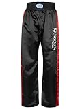 BAY EDEL Stick Kickboxhose, schwarz mit roten Seitenstreifen gestickte Schrift Kickboxen Thaiboxhose lang Hose Kick-Boxen Thaiboxen Muay Thai Satinhose rot (M)