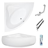 ECOLAM Badewanne Mia 140x140 cm Schürze | Wanne mit Sitz | Acrylwanne Eckwanne Modern Design Eckbadewanne + Ablaufgarnitur Ab- Überlauf Automatik Füße Silikon Komplett-Set Acryl weiß