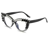 LJCZKA Blaulichtfilter Brille Damen Katzenaugen mit Strasssteinen, Vintage Brille Ohne Stärke Damen Strass Brille Computerbrille