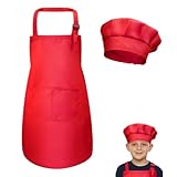 Kinder Schürze und Kochmütze Set,Verstellbare Kinder Kochschürze Kinderschürze für Jungen Mädchen 4-12Jahre,Schürze Kinders Schule,Malschürze,Bastelschürzen mit Taschen zum Kochen Backen Malen (Rot)