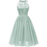Abendkleider Elegant für Hochzeit Damen 50er Jahre Rockabilly Neckholder Swing Spitzen Chiffon Kleid Festlich Abschlusskleid Brautkleid Cocktailkleid Weihnachten Silvester Kurz Partykleid Grün L