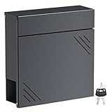 Wiltec Briefkasten Anthrazit V63 aus Stahl 37 x 11 x 37 cm, Wandbriefkasten mit Zeitungsfach und Schlüssel