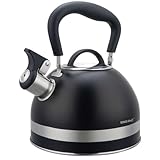 Kinghoff Wasserkessel 1.8L aus Edelstahl, Pfeifkessel Induktion, klein Flötenkessel, Teekessel mit Einklappgriff, Wasserkocher für alle Kochplatten, Kessel matt schwarz KH-1858