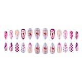 24 Stück French Tip Press on Nails Mandel Medium Stick On Nails Sweet Flower Acryl Nägel Herz Erdbeere Künstliche Nägel
