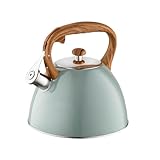 FLORINA Wasserkessel (2,5 l) I Edelstahl Teekessel FRANK I Flötenkessel mit Holzgriff I Automatischer Pfiff I Wasserkocher für Induktionsherd, Gasherd und Elektroherd I Farbe: grün matt