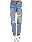 Roskiky Damen High Waist Jeans - Sommer Hose Mit Stretch, Gerades Bein Und Löcher - Hellblau M