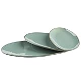 MÄSER Serie Nottingham, Set aus 3 Servierplatten, Servierteller in 3 Größen im unregelmäßig geformten Vintage Look, Steinzeug, Türkis-Grün