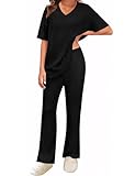 UMIPUBO Zweiteiler Damen Loungewear Set Homewear Sommer 2 Pieces Outfits Elegant Hosenanzug Oberteil mit V-Ausschnitt und Weites Bein Hosen Lounge Sleepwear Freizeit Sets (Schwarz, XL)