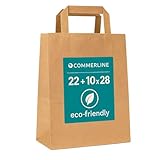 Commerline 50 Stück Braun Papiertüten mit Henkel, 22+10x28 cm, Geschenktüten für Verpackungen und Geburtstag, Papiertaschen Groß für Einkaufen, Tüten aus Kraftpapier