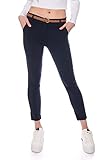 Kendindza Chino Damen Hose Stretch mit Gürtel Stoffhose Damen elegant lang (S, Blau)
