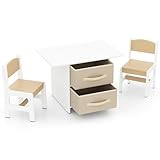 LIFEZEAL Kindertisch mit 2 Stühlen, Kindertischgruppe Holz mit Stauraum, Multifunktionaler Aktivitätstisch Kindersitzgruppe für Kinder ab 4 Jahren (Beige)