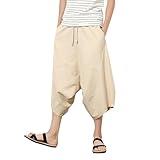 Herren Leinenhose Lang Loose Fit Atmungsaktive Baumwoll Siebenpunkt Haremshose mit Taschen und Kordelzug Sommerhose Leicht Freizeithose Strandhose Yoga Hose Hippie Lange Hosen