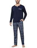 Bresdk Schlafanzug Herren Pyjama Set Lang Baumwolle Winter Nachtwäsche Männer Blau M