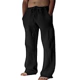 Puimentiua Leinenhose Herren,Lang Leichte Sommerhose,Sommer Leinen Hosen,Loose Fit Baumwollehosen mit Tunnelzug und Taschen (Schwarz,L)