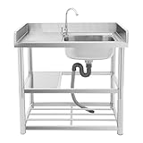 Spüle mit Unterschrank, Spülenschrank mit Spüle und Armatur & Handschuhe, 90×50cm Spülbecken mit Unterschrank, Gewerbliche Edelstahlspüle für Wäscherei Hinterhof Garage, bis zu 150 kg (Rechts)