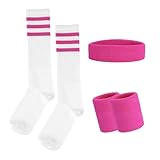 Schweissband und Socken Set, 80er 90er Jahre Schweißband Gestreiftes Stirnband, Armband, Gestreifte Hohe Socken für Damen Herren Sport Laufen Radfahren Karneval Kostüme Party